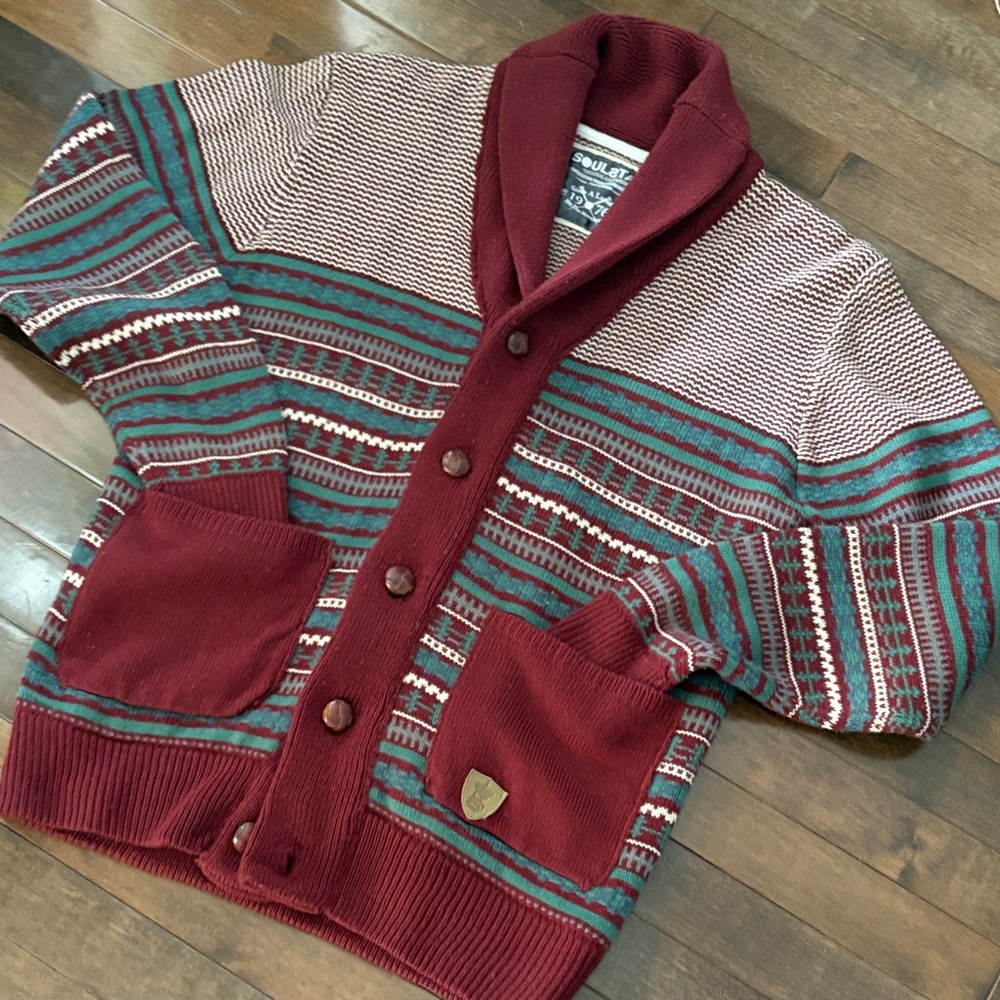 Men's Retro Trendy Stylish Burgundy Fisherman Sweater Cardigan